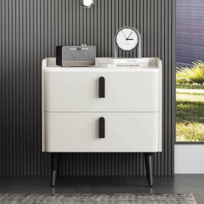 Nightstand with 2 Drawers & Support Legs, Coffee Table with Marble Pattern Tabletop, Large Capacity Sofa Side Table