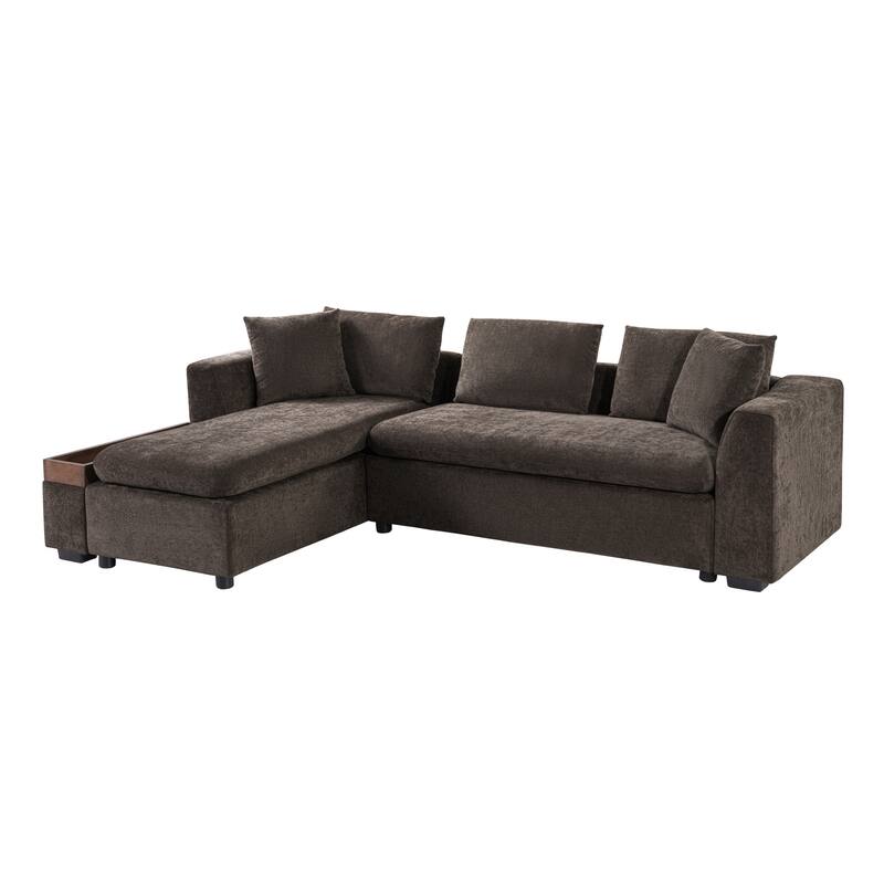 L-Shaped Sectional Sofa with Chaise Lounge, Chenille Upholstered Sleeper Couch with Wooden Storage Compartment & Throw Pillows