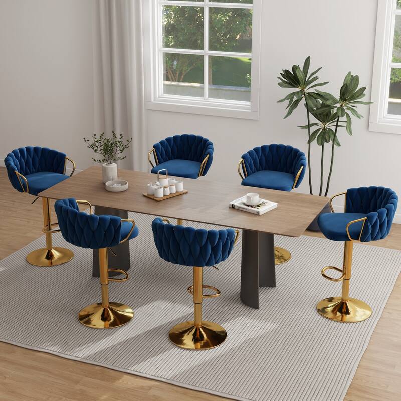 Set of 4 Bar Stool Adjustable Height Swivel Velvet Woven