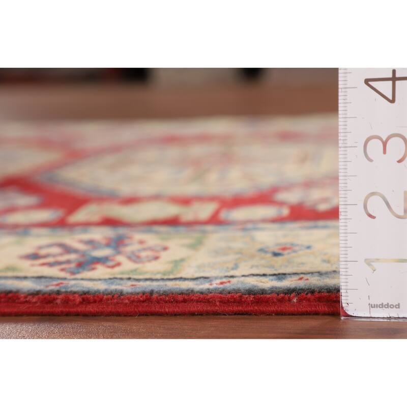 Geometric Kazak Oriental Accent Rug Handmade Red Wool Carpet - 3'5" x 4'11"