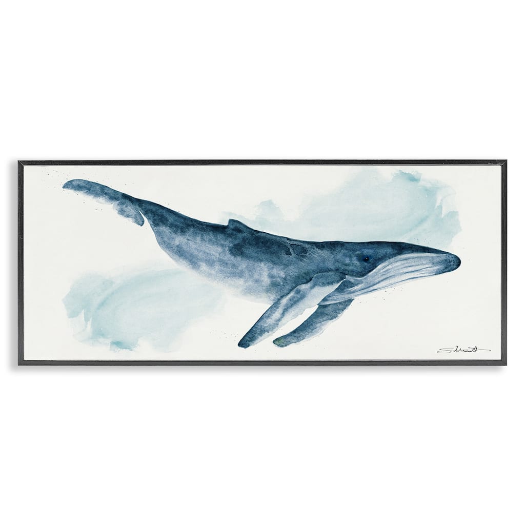 Stupell Nautical Humpback Whale Marine Animal Blue Watercolor Painting Framed Wall Art - White