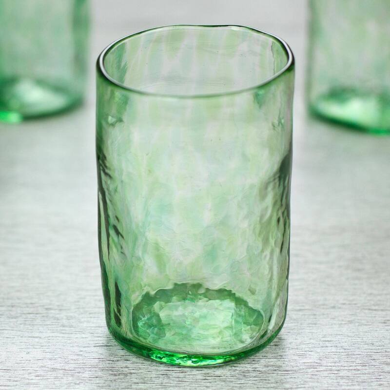 Handmade Green Mist Blown Glass Tumblers (Set Of 4) Mexico - 4.9" H x 3" Diam.