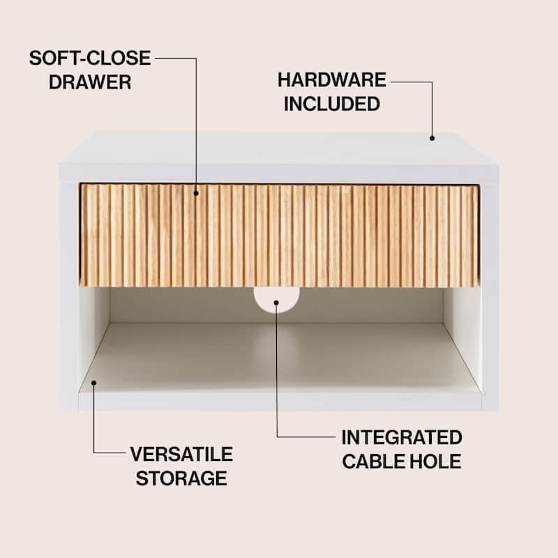 JONATHAN Y Ettore 15.71" Classic Contemporary Floating Wall Mounted Nightstand with Soft-Close Tambour Drawer and Cable Hole