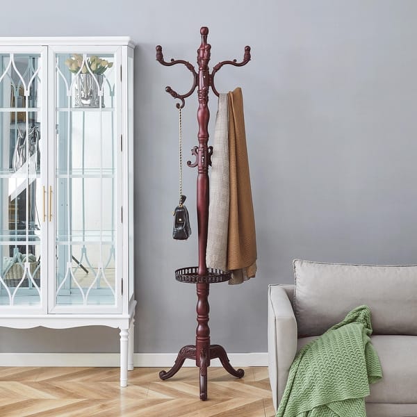 slide 2 of 22, Roomfitters Solid Wood Coat Rack with Stainless Steel Hooks, Modern Hanger with Key Tray and Hat Storage Walnut