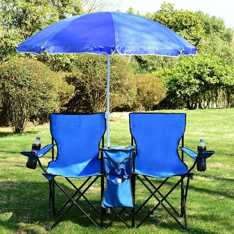 Costway Portable Folding Picnic Double Chair W/Umbrella Table Cooler