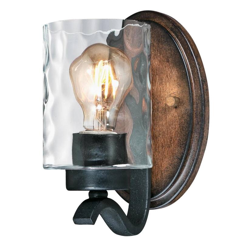 Westinghouse Barnwell One-Light Indoor Wall Fixture, Textured Iron and Barnwood Finish with Clear Hammered Glass - 1-Light