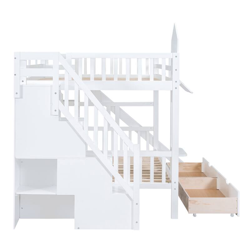 Full-Over-Full Castle Bunk Bed with 2 Drawers Shelves and Slide, Fairytale-Like Atmosphere for Your Lovely Litter Princess