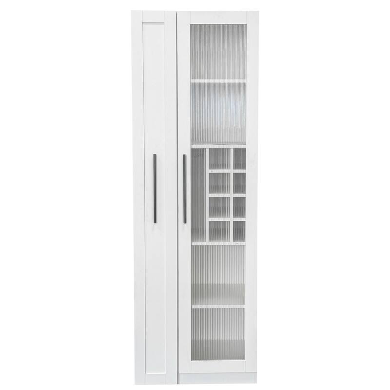 Roomfitters White Kitchen Pantry Cabinet with Glass Doors, Pull-Out Multi-Tier Shelf, and Wine Storage Rack