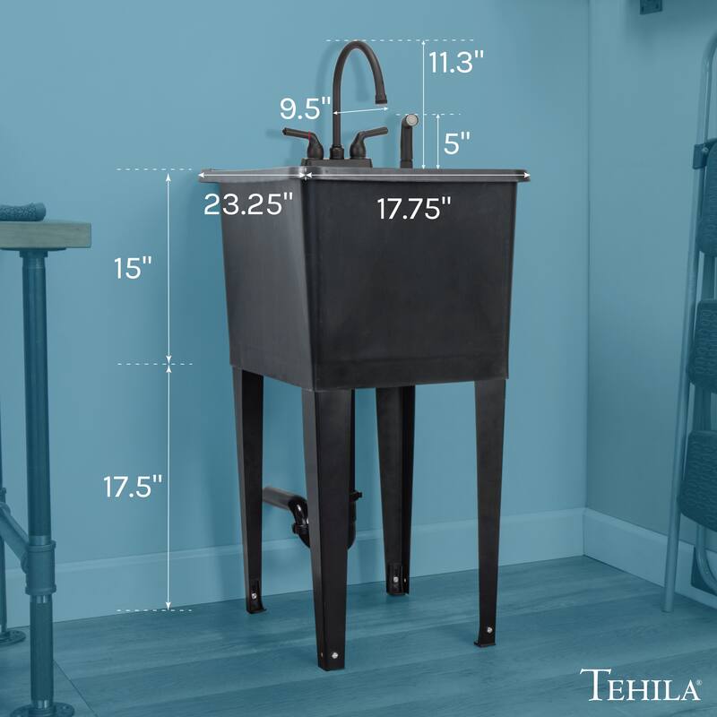 TEHILA Black 16-Gallon Space Saver Utility Sink Laundry Tub with Gooseneck Faucet