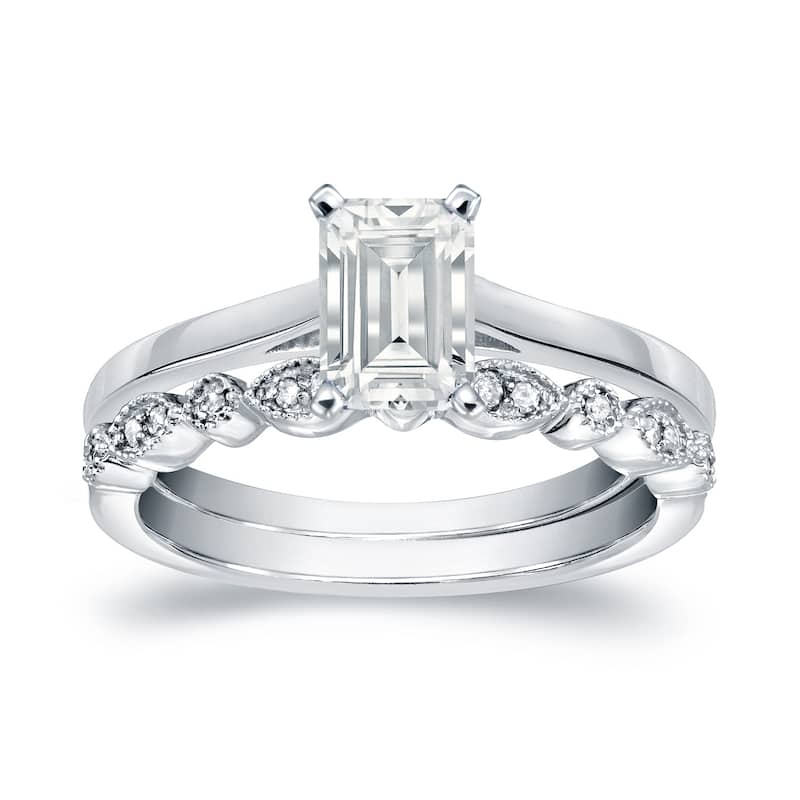 Auriya 14k Gold 2/3ctw Vintage Emerald-cut Solitaire Diamond Engagement Ring Set - White - 6