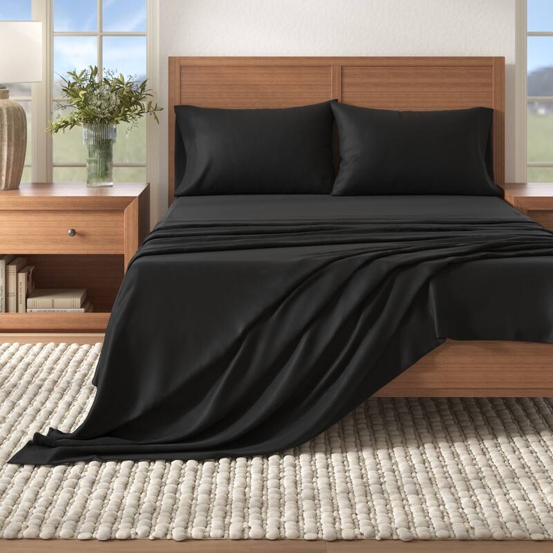Linery & Co. Turkish Cotton Double-Brushed Solid Color Flannel Bed Sheet Set - Black - California King