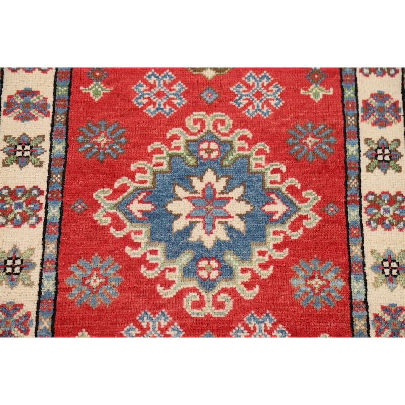 Red Geometric Kazak Oriental Foyer Rug Hand-Knotted Wool Carpet - 1'11" x 3'1"