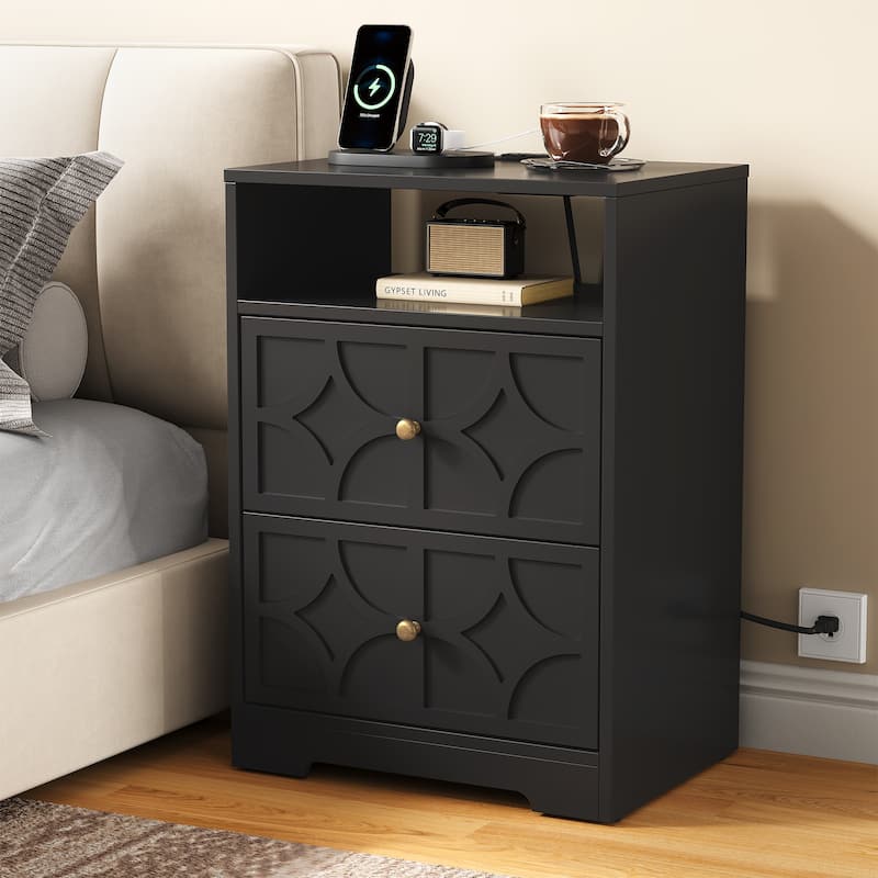 Large Night Stand with 2 Drawers and Charging Station