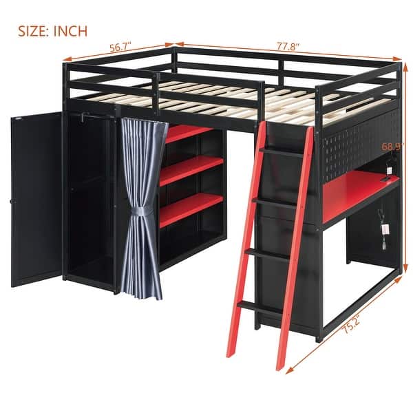 dimension image slide 2 of 4, Wood Full Size Loft Bed with Blackout Curtains and RGB Lights, Gaming Loft Bed with Desk & Shelves
