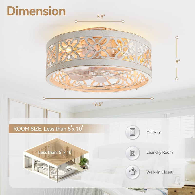 16.5" Vintage Caged Ceiling Fan with Lights, 7 ABS Blades, Remote Control, 6-Speed DC Motor, Small Fandelier