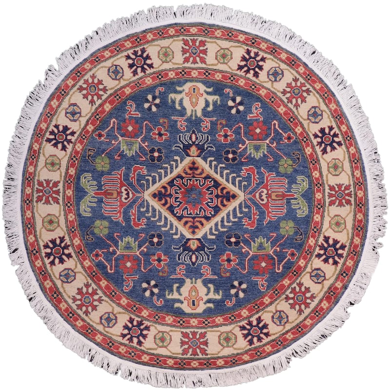 Bohemian Kazak Giselle Blue/Natural Wool Round - 4'10'' x 4'10''
