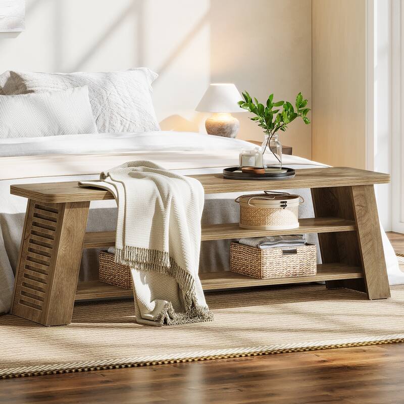 Entryway Shoe Bench with Storage Shelf, Dining Bench, Wooden End of Bed Bench for Bedroom, Living Room, Mudroom, Hallway, Foyer