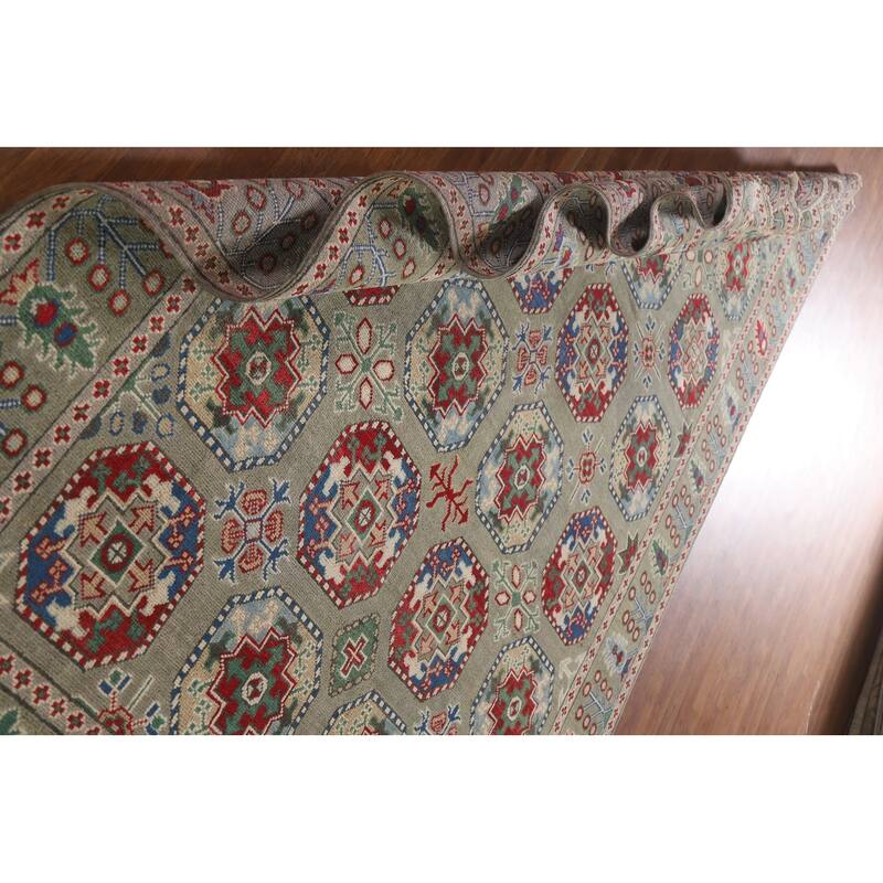 Hand Knotted Oriental 100% Wool Carpet Traditional All-Over Green Kazak Area Rug - 9' 10'' X 6' 7''
