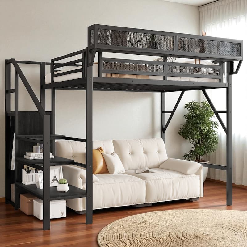 Twin Size Loft Bed with Stairs and Storage Shelves, Metal High Loft Bed with Wardrobe for Kids and Teens