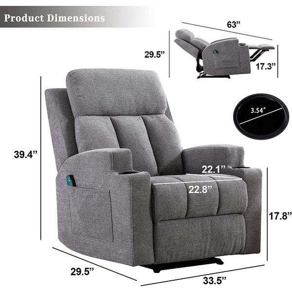 dimension image slide 1 of 4, Manual Recliner Massage and Heating Chair Sofa with 2 Cup Holders Breathable Fabric
