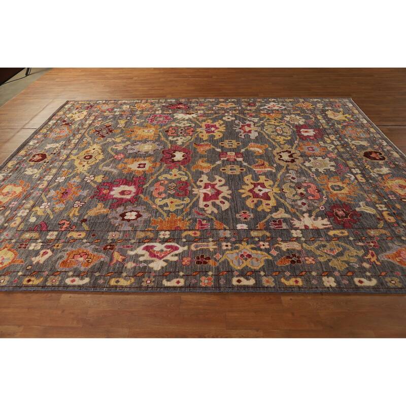 Hand Knotted Oriental 100% Wool Carpet Transitional All-Over Greys & Charcoal Oushak Area Rug - 9' 11'' X 8' 2''