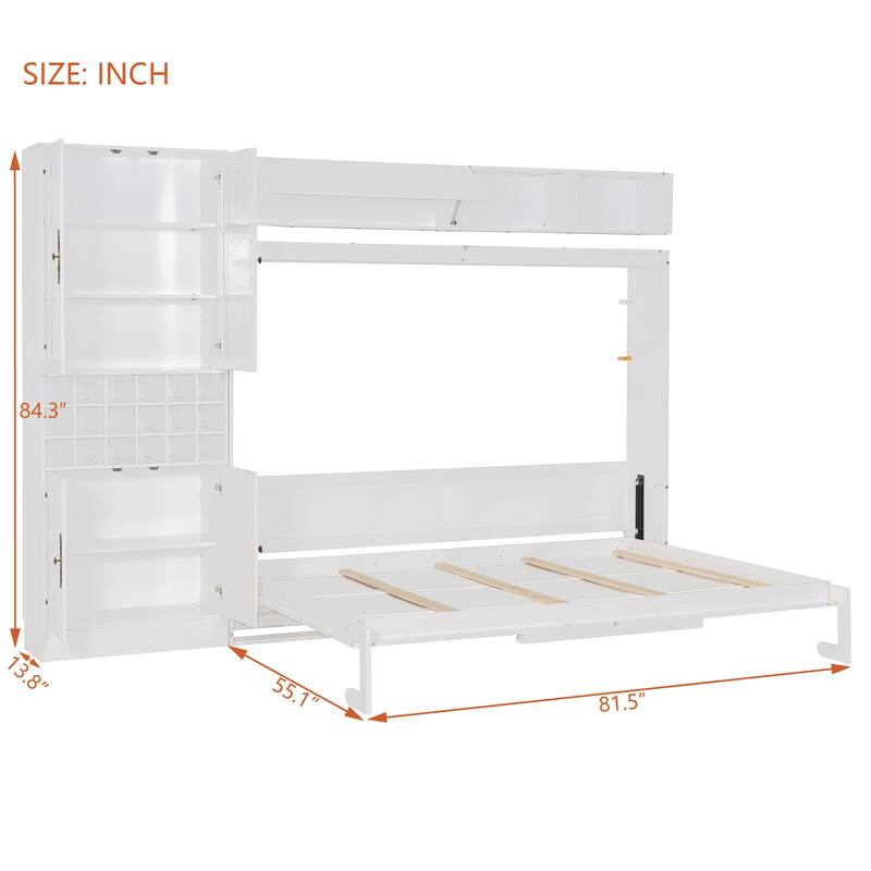 Fold Down Full/Queen Wall Bed with Sofa, USB Charging, Shelves & Built-in Lighting, Space-Saving