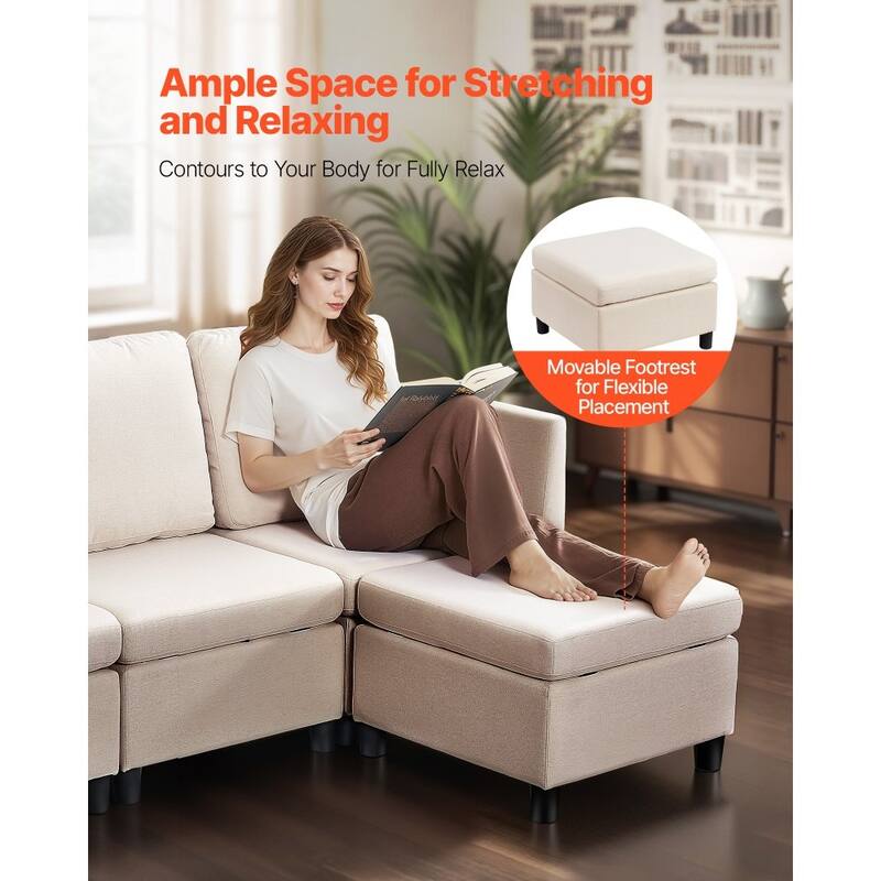 Beige Cotton-Linen Modular Sectional Sofa with Storage, Plush Cushions anda Kid-Friendly Design - 78.3 x 24 x 24 in