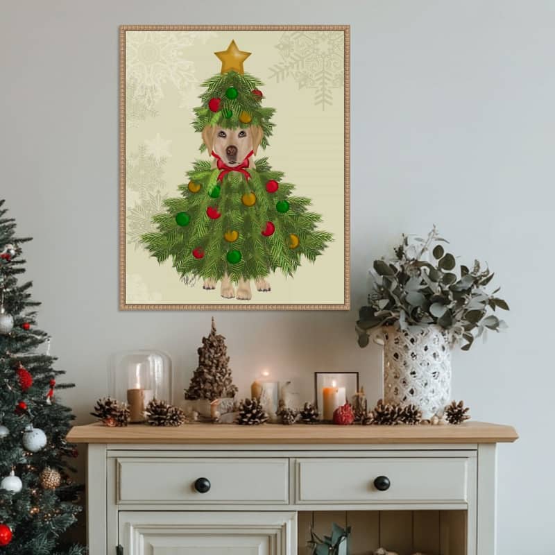 Yellow Labrador Christmas Tree Costume by Fab Funky (23 x 28 in.), Framed Canvas Wall Art Print - Sylvie Beaded Rustic Natural