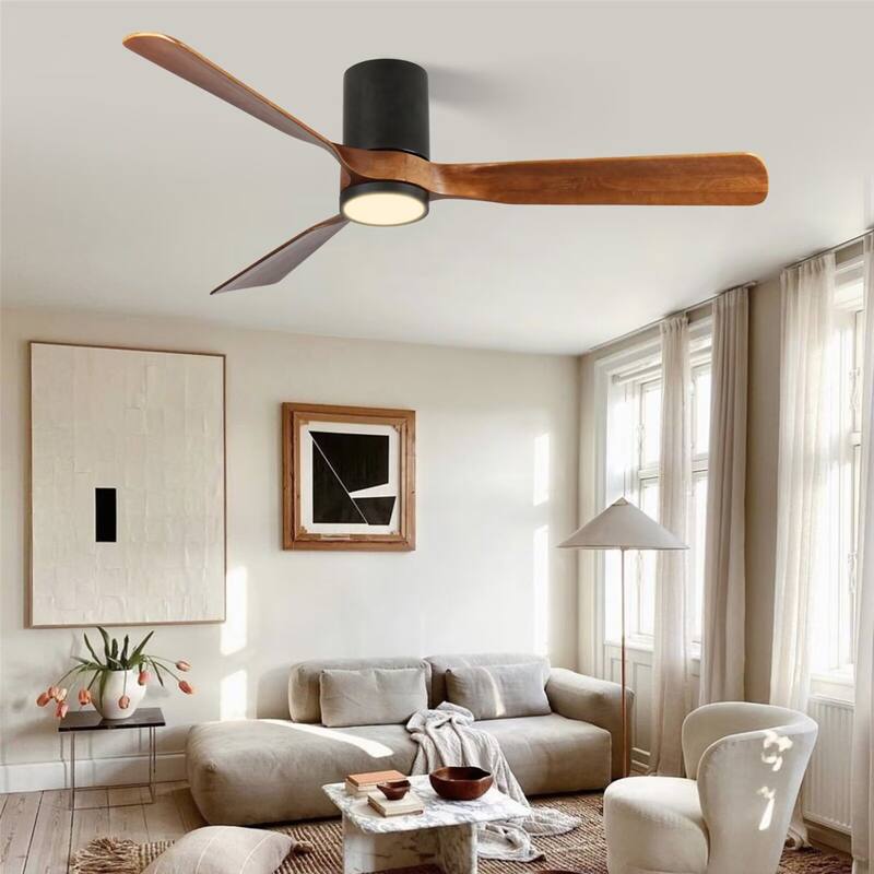 60" LED Flush Mount Ceiling Fan with Wood Blades, 6-Speed DC Remote Control