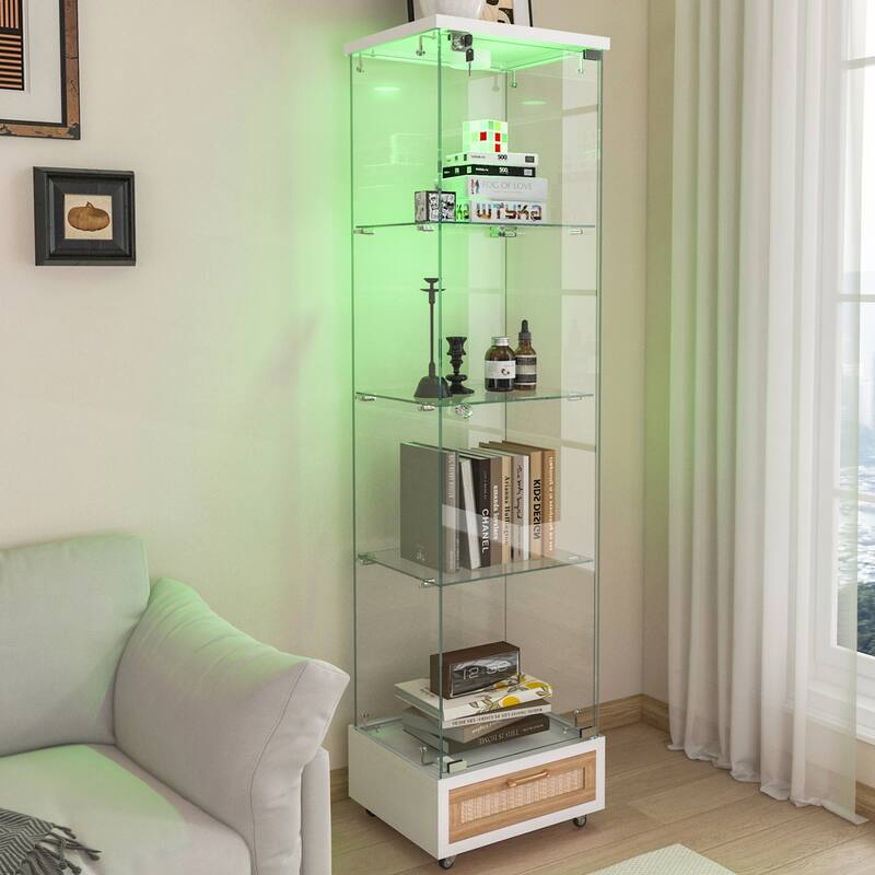 Modern Glass Display Cabinet with Drawer and LED lights for Living Room and Bedroom