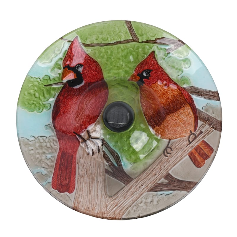 Solar Cardinals Glass Bird Bath with Stand - 21" - Red and Green