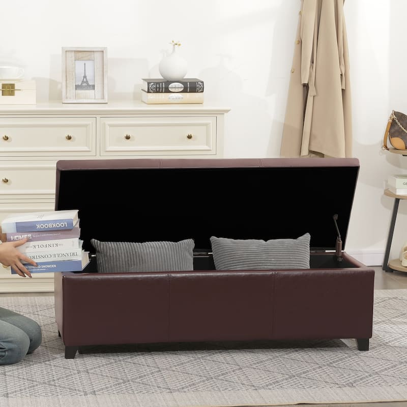 Adeco 46" Faux Leather Storage Ottoman Bench with Nailhead Trim