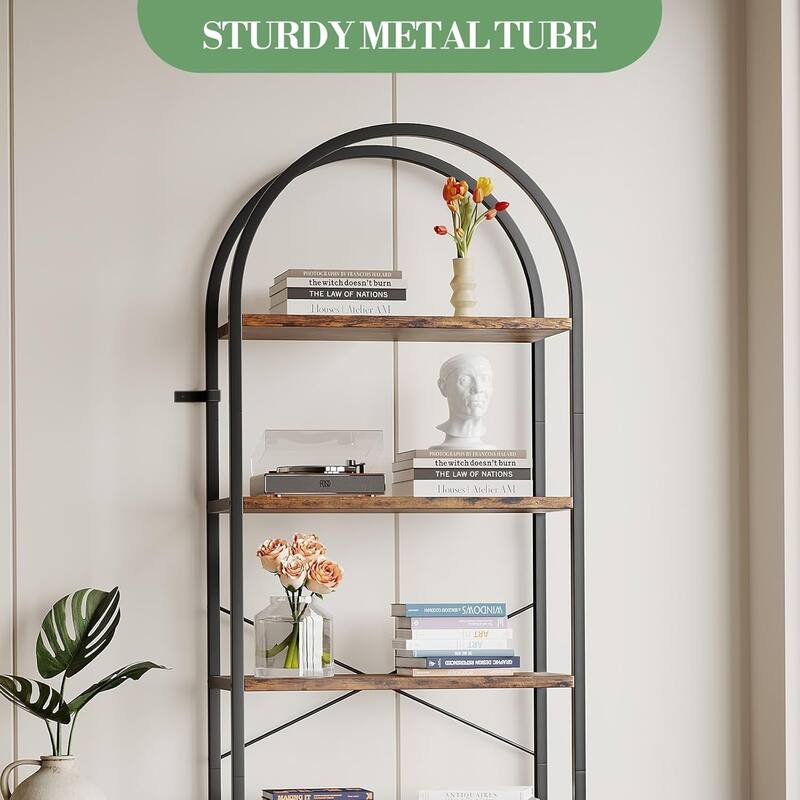 5-Tier Arched Bookshelf, Tall Wood Bookcase with Metal Frame, Modern Storage Rack for Living Room, Bedroom, or Home Office