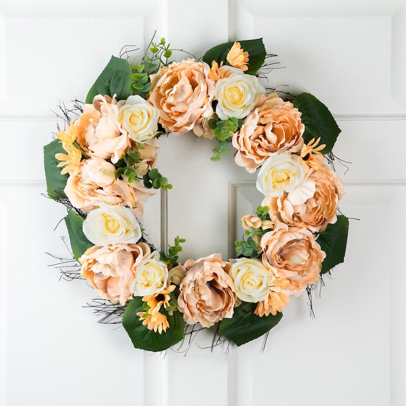 Rose and Peony Artificial Wreath - 22" - Peach and White