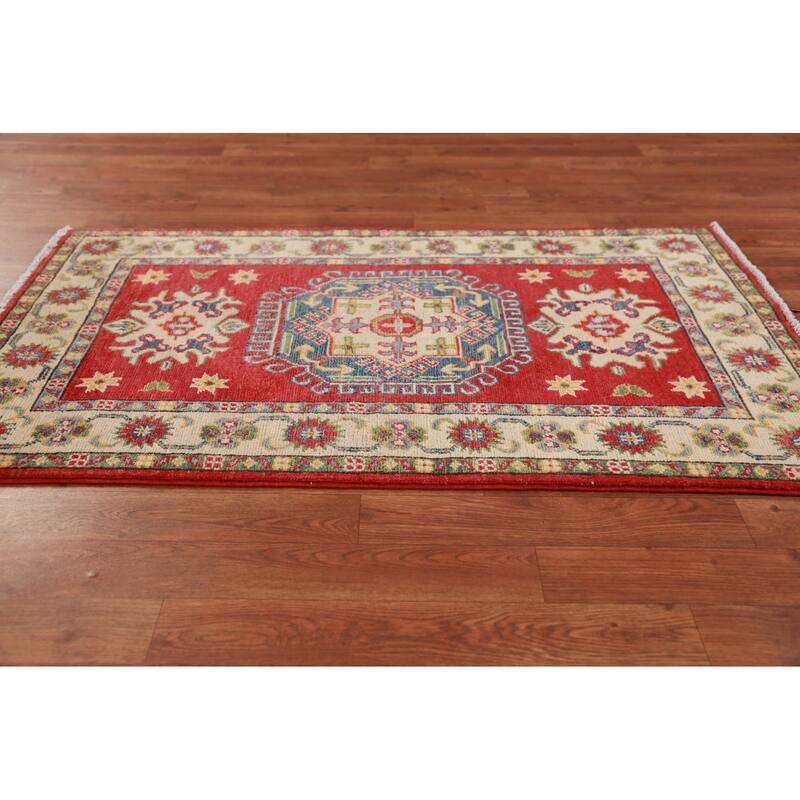 Geometric Kazak Foyer Rug Hand-Knotted Bedroom Traditional Wool Carpet - 2'6"x 4'2"