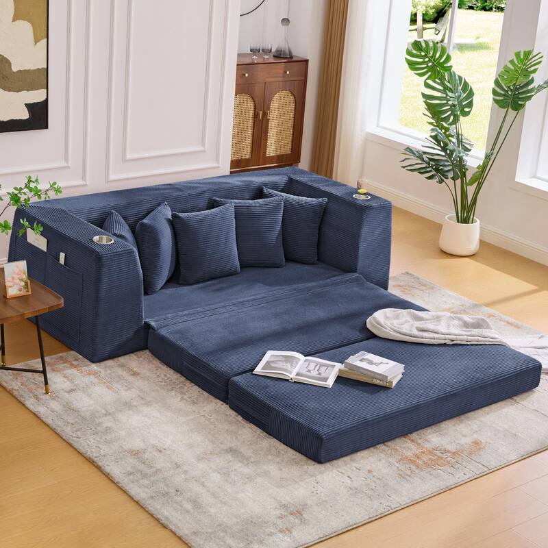 2 in 1 Convertible Sofa Bed, Sleeper Sofa with Storage Pockets, Pull Out Loveseat Couch with Two Cup Holders