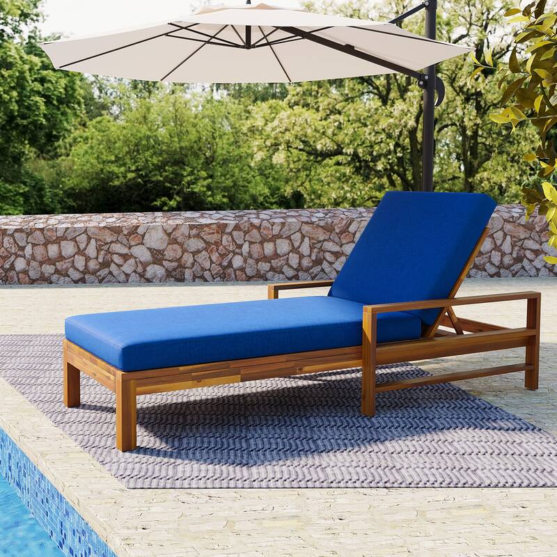 Acacia Wood Chaise Lounge Patio Recliner with Adjustable Backrest & Padded Cushion, Outdoor Sunbathing Chair for Poolside Areas - Natural+ Blue