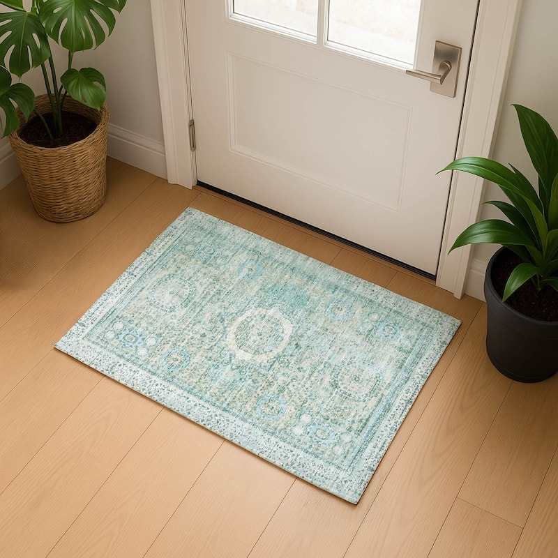 Premium Washable Super Soft Vintage Traditional Mayfield Rug - Turquoise - 1'8" x 2'6"