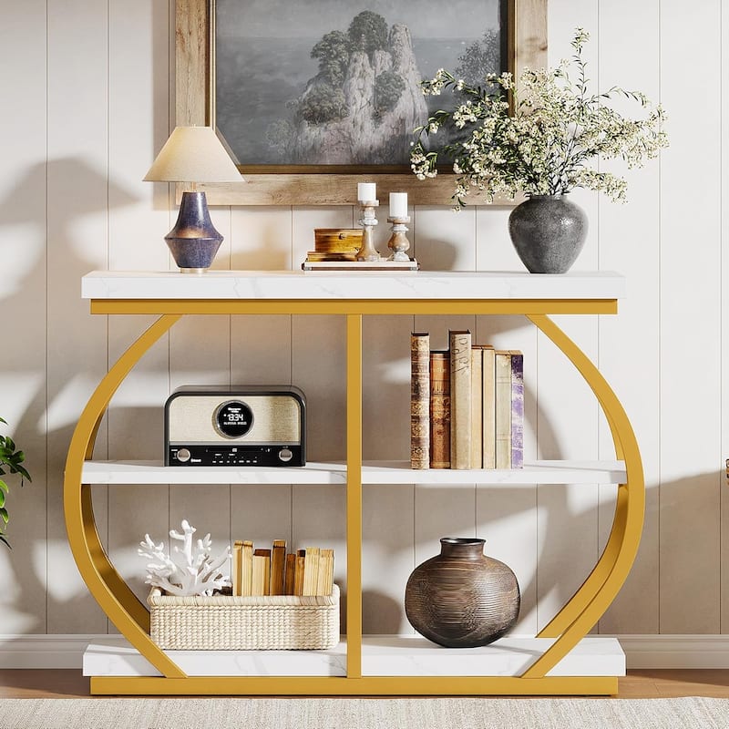 41.3 Inches Brown MDF Entryway Table, 3-Tier Industrial Console Table with Storage for Living Room