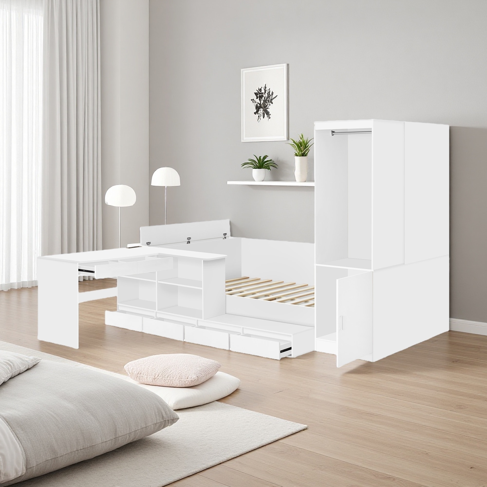 Full Wood Platform Bed with Drawers, Desk & Wardrobe