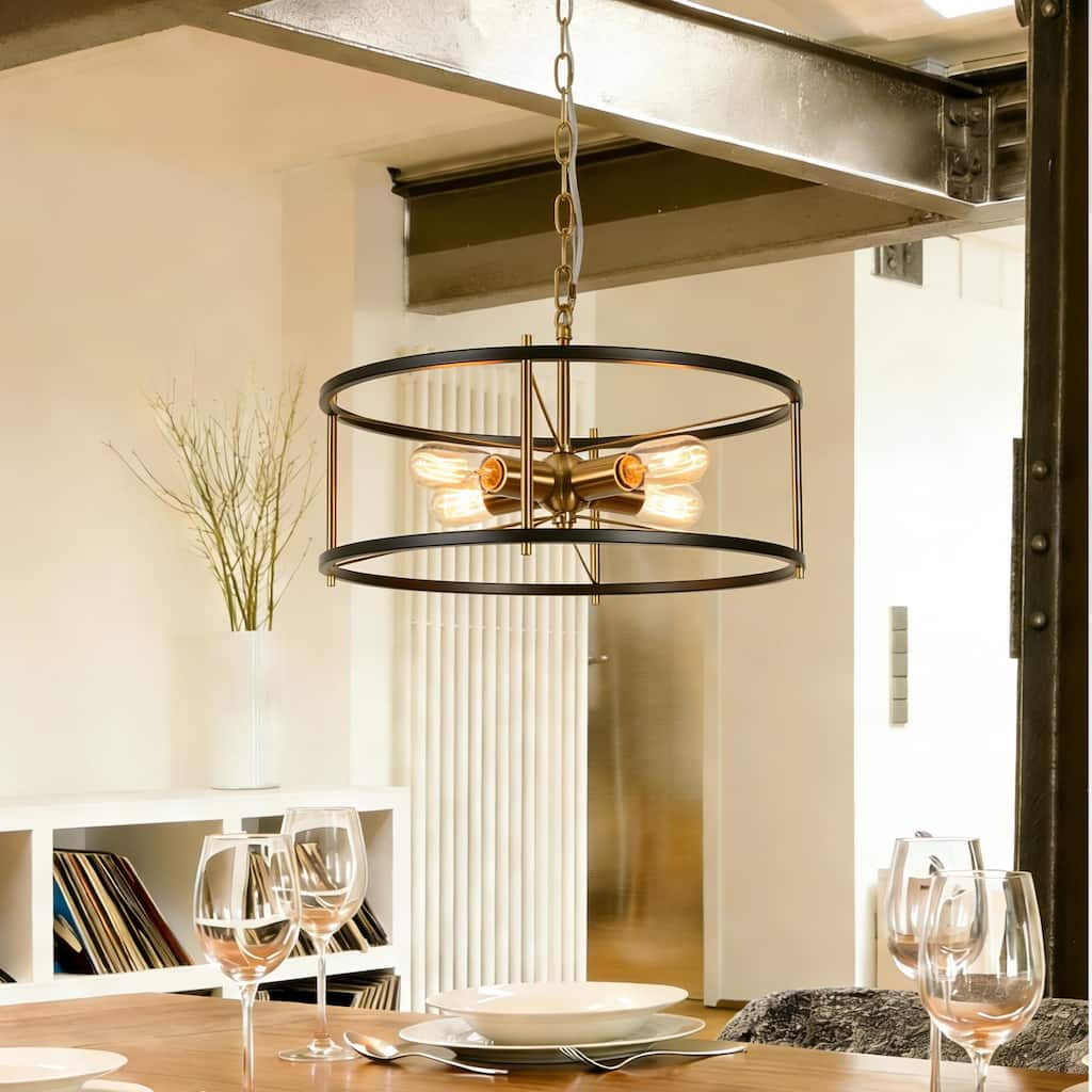 Modern Farmhouse 4-Light Black Gold Drum Chandelier Cage Pendant Lights for Kitchen Island - 17" D x 8" H