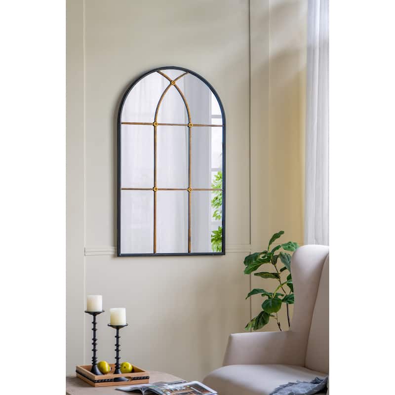 28.3" x 47" Arched Wall Mirror with Black and Gold Windowpane Design