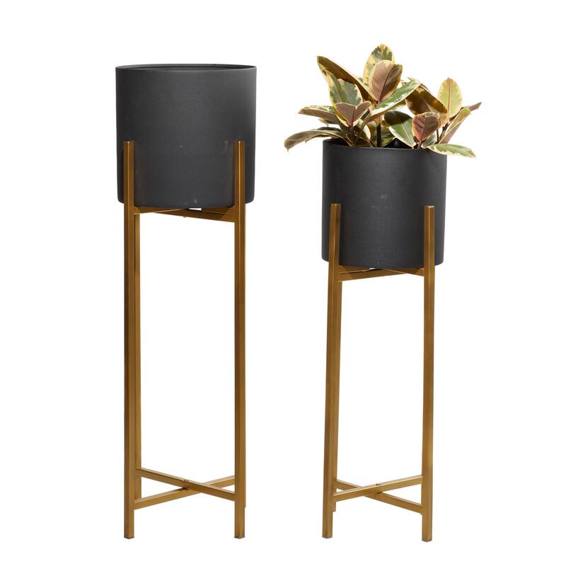 Black Metal Indoor Outdoor Planter with Removable Gold Stand (Set of 2)