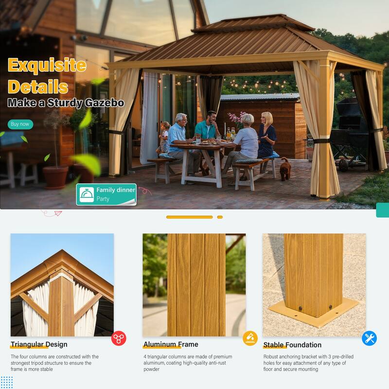 EROMMY Hardtop Gazebo W/Steel Double Roof, Anti-Rust Coating Aluminum Frame Permanent, Hard Top Gazebo for Garden Lawn Parties