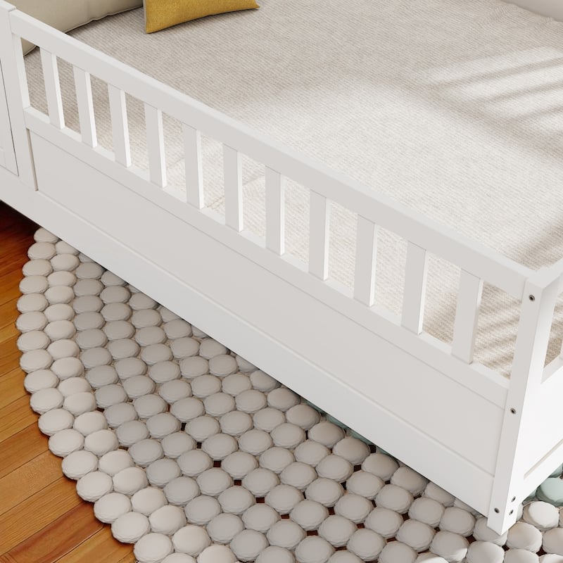 Montessori Twin/Full Size Wooden Floor Bed with Safety Fence and Door, Low Platform Bed Frame for Kids Toddlers
