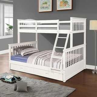 Wooden Solid Construction Bunk Bed with Ladder, Storage Drawers and Safety Guard Rails, Twin Over Full, White