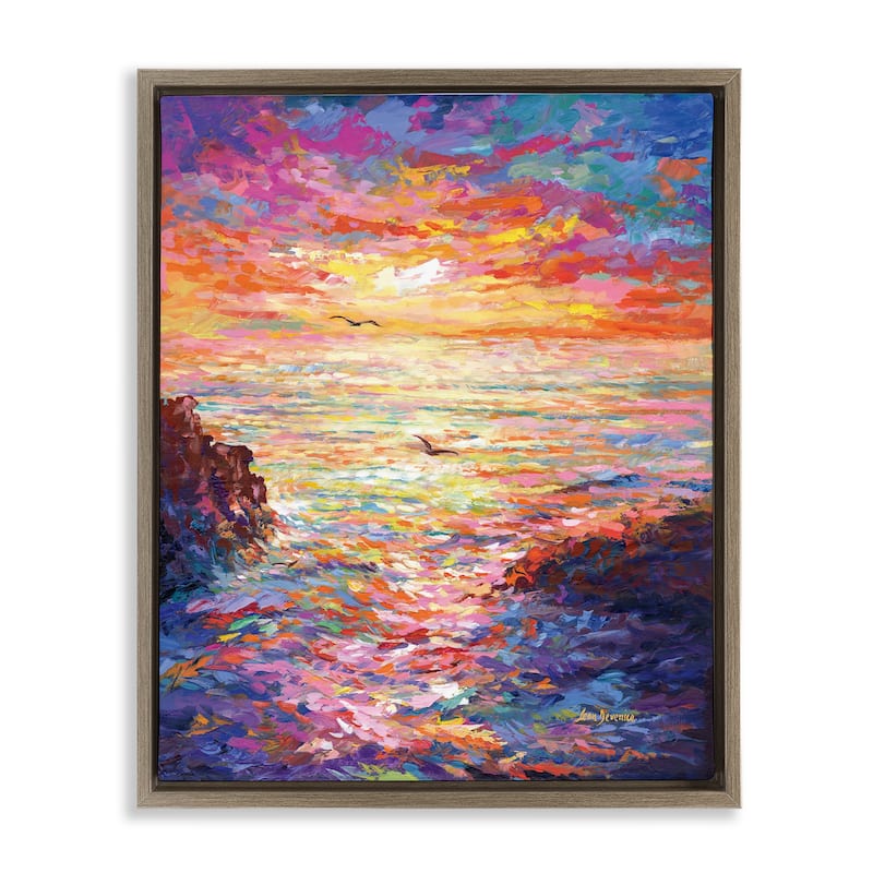Stupell Vibrant Abstract Ocean Sunset Framed Floater Canvas Wall Art Design by Leon Devenice - 25 x 31 - Brown