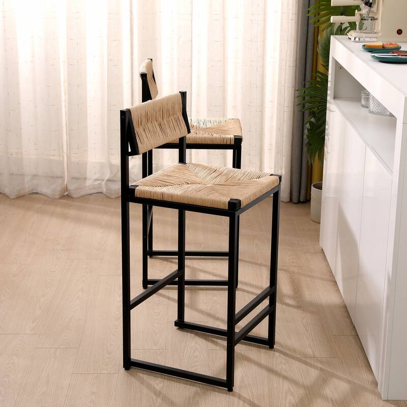 Bar Stools Set of 2 Paper Rope Weave Dining Chairs with Back Hand Weave Stools for Kichen Island, Bar & Counter