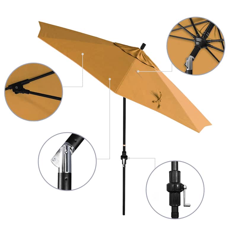 California Umbrella 9' Rd Patio Umbrella Black Aluminum Frame Fiberglass Ribs Crank Lift Collar Tilt, Sunbrella Cilantro