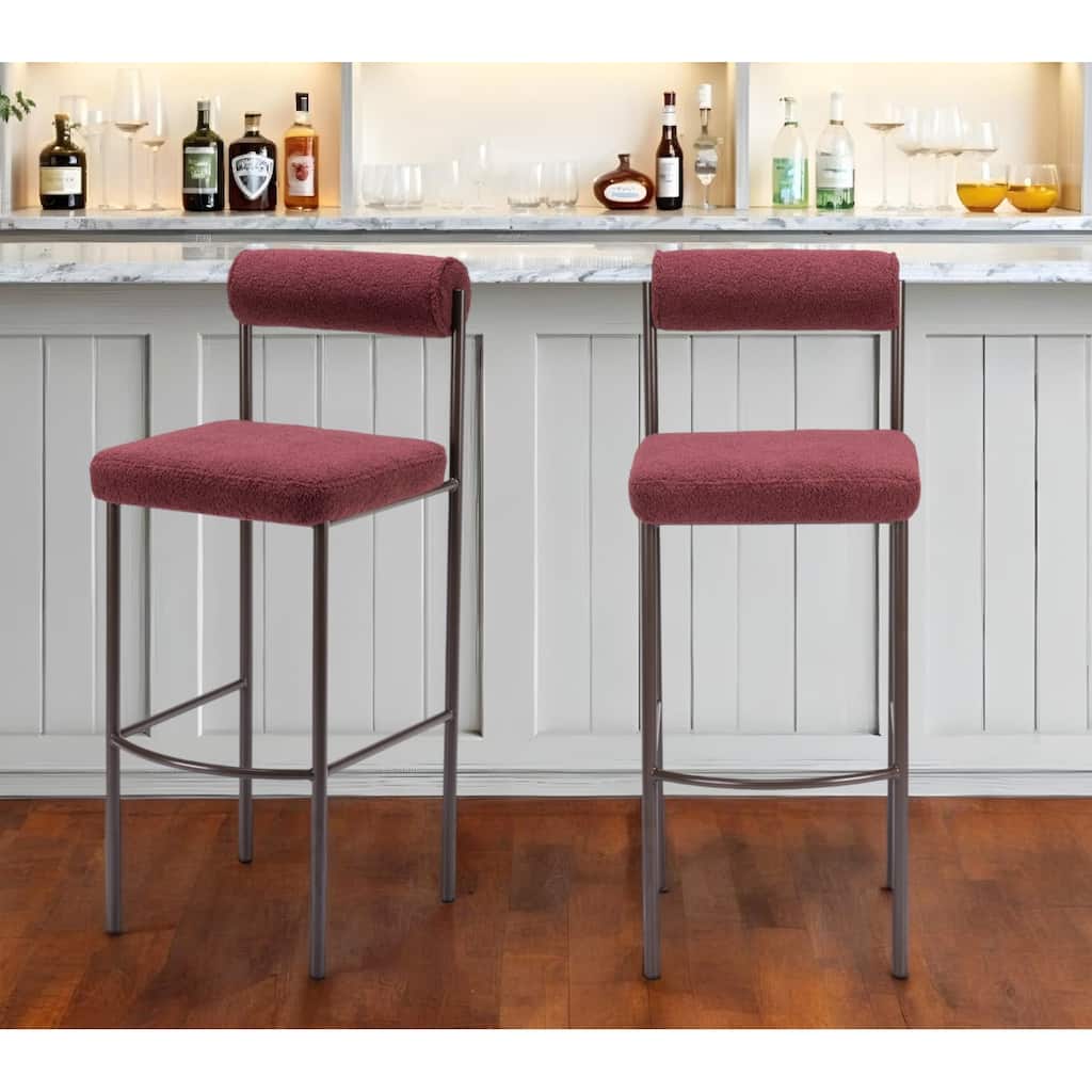 Set of Two 30" Red and Bronze Shearling and Steel Low Back Bar Height Bar Chairs